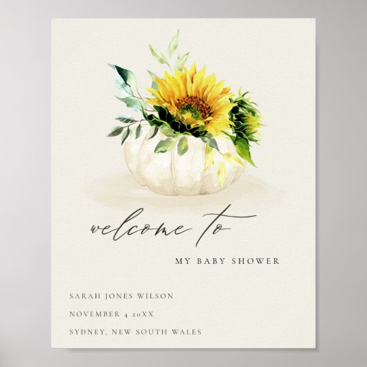 Cute Sunflower Pumpkin Floral Baby shower Welkom Poster (Voorkant)