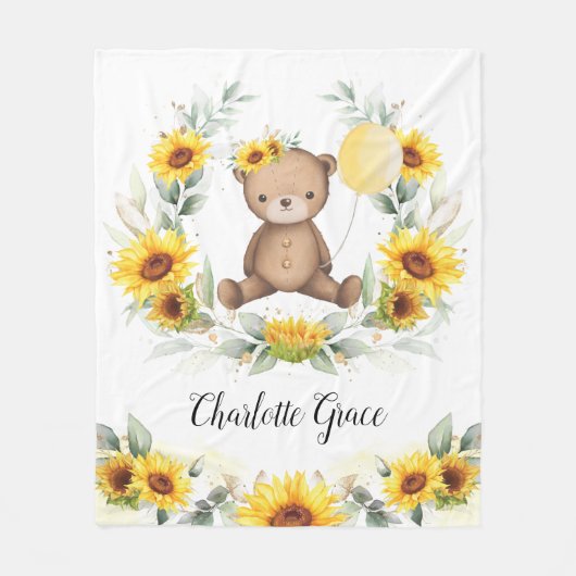 Cute Sunflower Teddy Bear Summer Greenery Nursery Fleece Deken (Voorkant)