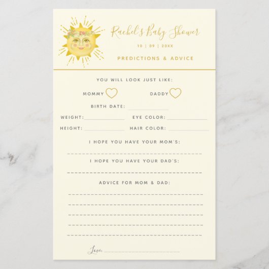 Cute Sunshine Baby shower Advice and Predictions (Voorkant)