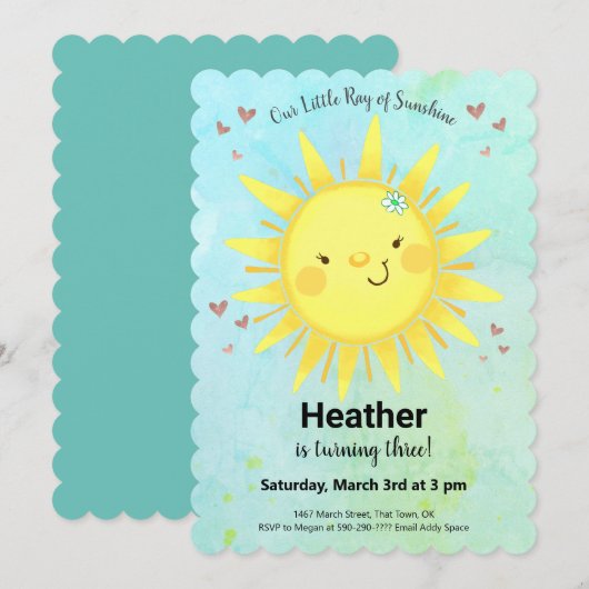 Cute Sunshine Girl Birthday Party Kaart (Voorkant / Achterkant)