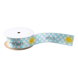 Cute Sunshine Happy Birthday Polka Dot Blue Satijnen Lint