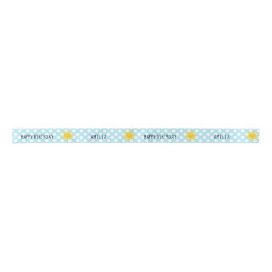 Cute Sunshine Happy Birthday Polka Dot Blue Satijnen Lint (Voorkant)