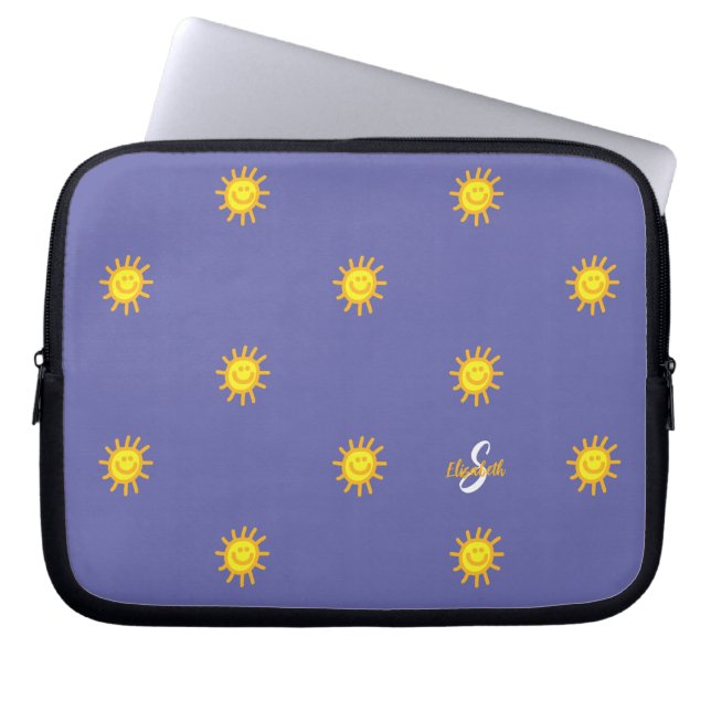 Cute Sunshine Happy Face Name Initiaal Periwinkle Laptop Sleeve (Voorkant)