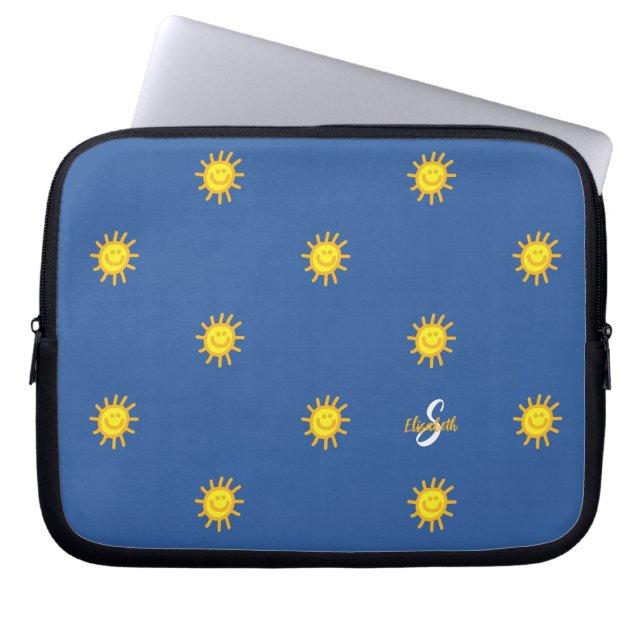 Cute Sunshine Happy Face Pattern Name Initiaal Blu Laptop Sleeve (Voorkant)