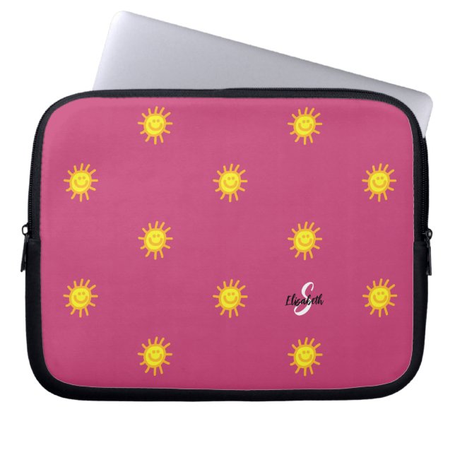 Cute Sunshine Happy Face Sun Pattern Name Initiaal Laptop Sleeve (Voorkant)