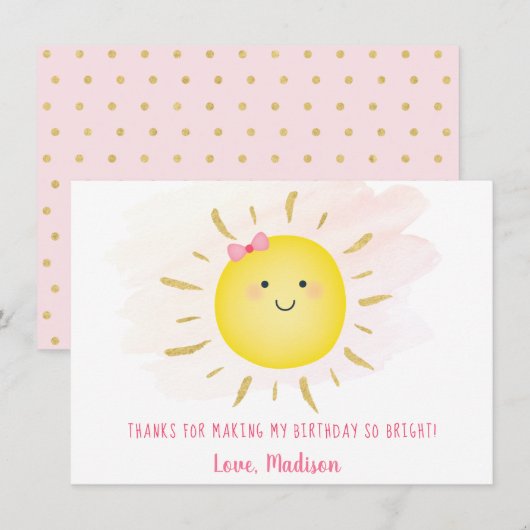 Cute Sunshine Pink & Gold Birthday Hartelijk dank Bedankkaart (Voorkant / Achterkant)