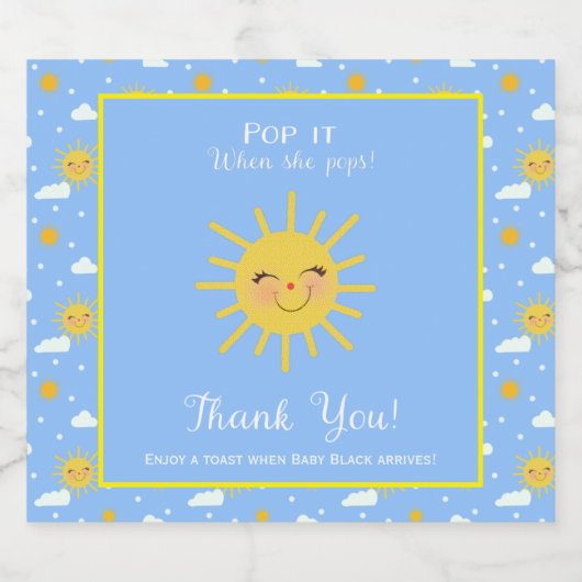Cute Sunshine Pop het als ze Baby shower Pop Sparkling Wijnetiket (Enkel label)