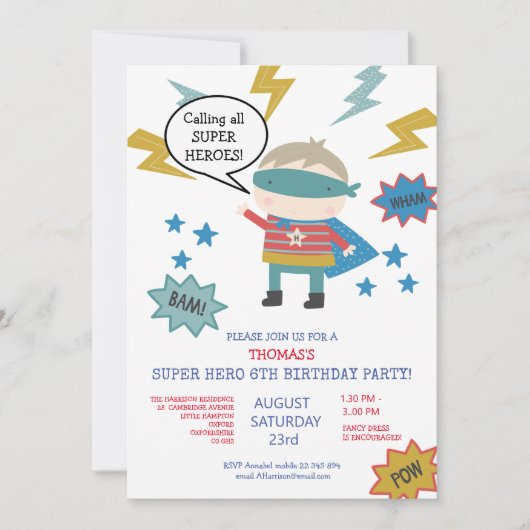 Cute super held genaamd Children's Party Invitatio Kaart (Voorkant)
