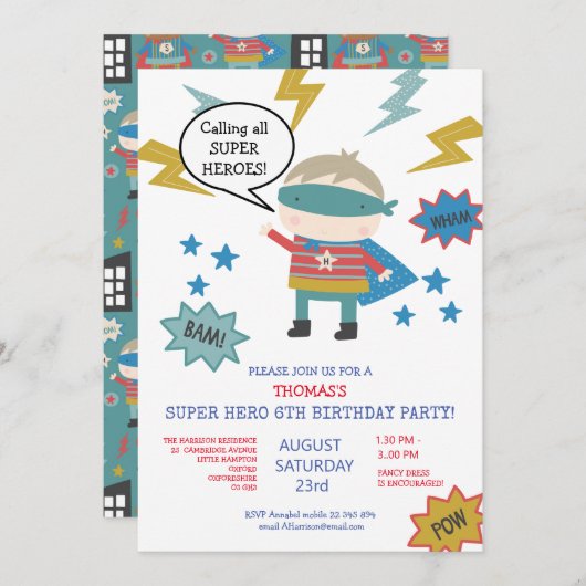 Cute super held genaamd Children's Party Invitatio Kaart (Voorkant / Achterkant)