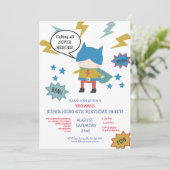 Cute super held genaamd Children's Party Invitatio Kaart (Staand voorkant)