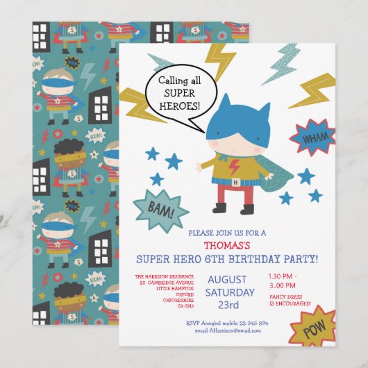 Cute super held genaamd Children's Party Invitatio Kaart (Voorkant / Achterkant)