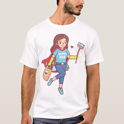 Cute Super Mom With Cleaning Tools and Groceries F T-shirt (Voorkant)