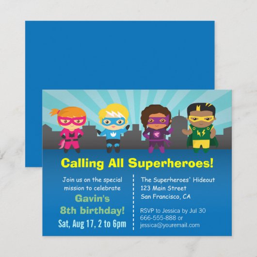 Cute Superheld Birthday Party Kinder uitnodigingen (Voorkant / Achterkant)