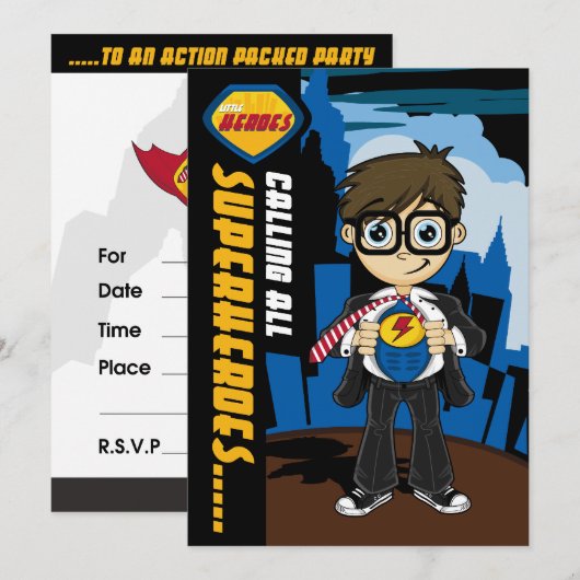 Cute Superheld Boy Party Invite Kaart (Voorkant / Achterkant)