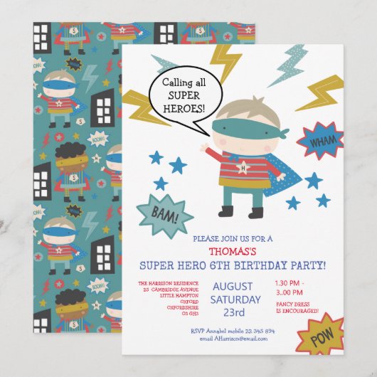 Cute superheld thema kinderfeest uitnodiging (Voorkant / Achterkant)