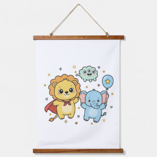 Cute Superhero Lion and Elephant Friends Cartoon Hangend Wandkleed