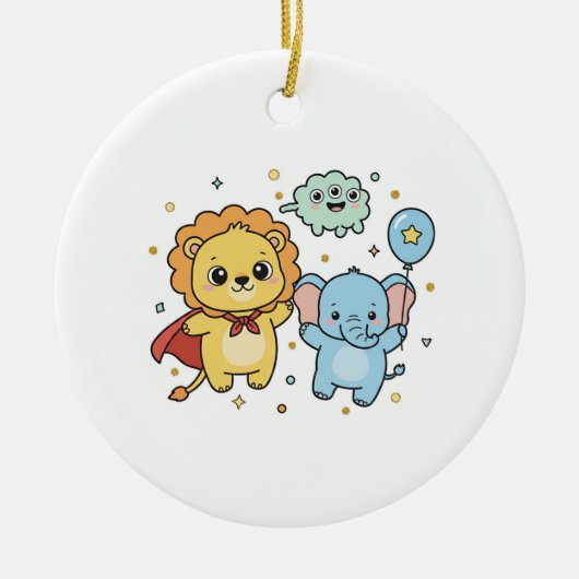 Cute Superhero Lion and Elephant Friends Cartoon Keramisch Ornament (Voorkant)