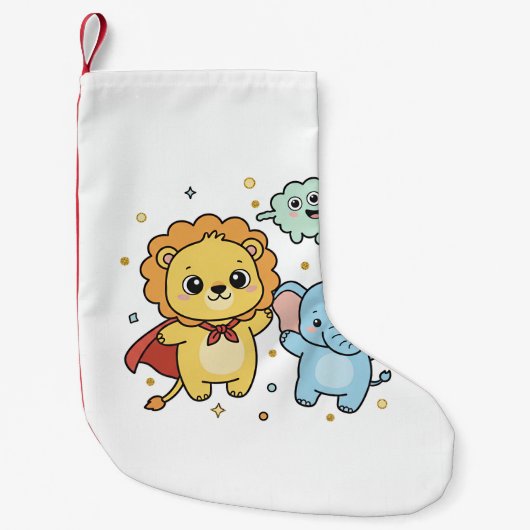 Cute Superhero Lion and Elephant Friends Cartoon Kleine Kerstsok (Voorkant)