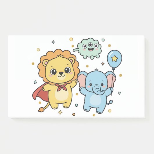 Cute Superhero Lion and Elephant Friends Cartoon Post-it® Notes (Voorkant)