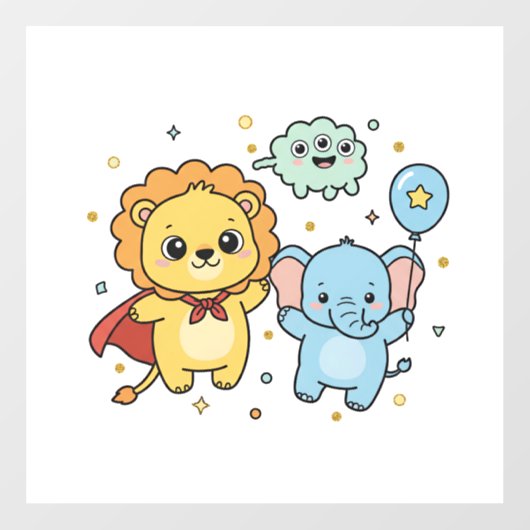 Cute Superhero Lion and Elephant Friends Cartoon Raamsticker (Vel)