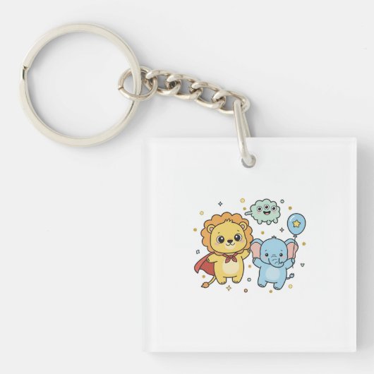 Cute Superhero Lion and Elephant Friends Cartoon Sleutelhanger (voorkant)