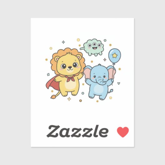 Cute Superhero Lion and Elephant Friends Cartoon Sticker (Vel)