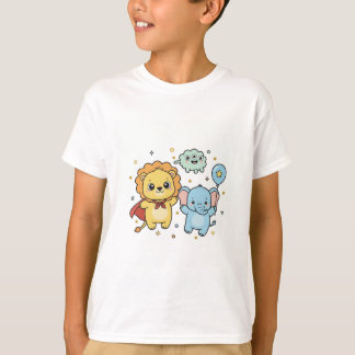 Cute Superhero Lion and Elephant Friends Cartoon T-shirt