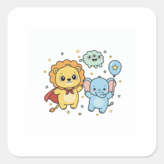 Cute Superhero Lion and Elephant Friends Cartoon Vierkante Sticker