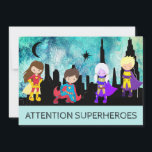 *~* Cute SUPERHEROS Kids Birthday Party Kaart<br><div class="desc">*** SUPERHEROES Cute Fun Whimsical BIRTHDAY ARTIJ INVITATION. De kleine kunnen zich verkleden als hun superfavoriete SUPERHERO. Er zijn vier Superheros tegen een SKYLINE CITYSCAPE. De hemel in Waterverf heeft verschillende BLUES getextureerd. Dit is een genderneutrale uitnodiging voor verjaardagsfeestjes. ZORG ERVOOR DAT DE GENDER tussen hem of haar verandert. =>...</div>