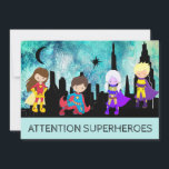 *~* Cute SUPERHEROS Kids Birthday Party Kaart<br><div class="desc">*** SUPERHEROES Cute Fun Whimsical BIRTHDAY ARTIJ INVITATION. De kleine kunnen zich verkleden als hun superfavoriete SUPERHERO. Er zijn vier Superheros tegen een SKYLINE CITYSCAPE. De hemel in Waterverf heeft verschillende BLUES getextureerd. Dit is een genderneutrale uitnodiging voor verjaardagsfeestjes. ZORG ERVOOR DAT DE GENDER tussen hem of haar verandert. =>...</div>