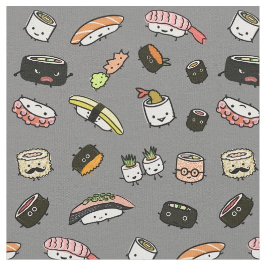 Cute Sushi Characters | Funny Kawaii Patterned Stof (Close Up)