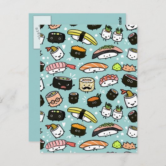 Cute Sushi Characters | Kawaii Sushi Patterned Briefkaart (Voorkant / Achterkant)