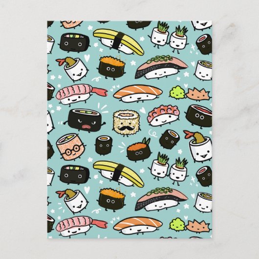 Cute Sushi Characters | Kawaii Sushi Patterned Briefkaart (Voorkant)