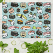 Cute Sushi Characters | Kawaii Sushi Patterned Theedoek (Gevouwen)