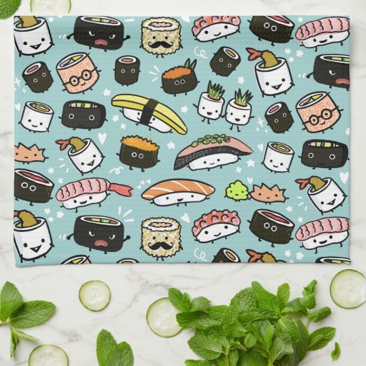 Cute Sushi Characters | Kawaii Sushi Patterned Theedoek (Gevouwen)