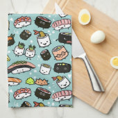 Cute Sushi Characters | Kawaii Sushi Patterned Theedoek (Quarter Fold)