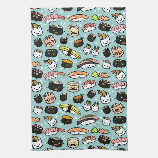 Cute Sushi Characters | Kawaii Sushi Patterned Theedoek (Verticaal)