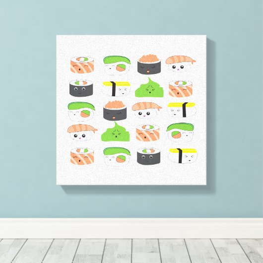 Cute Sushi Illustration, variëteit Kawaii style Canvas Afdruk (Insitu (Houten vloer))