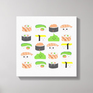 Cute Sushi Illustration, variëteit Kawaii style Canvas Afdruk
