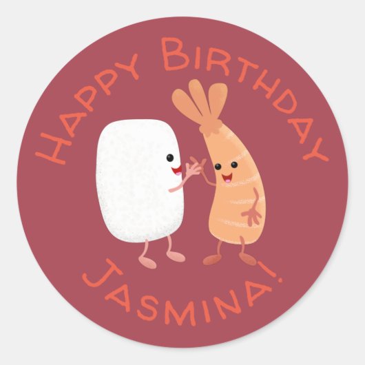Cute sushi rice prawn Vrienden cartoon Ronde Sticker (Voorkant)