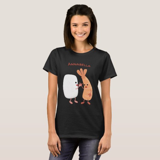 Cute sushi rice prawn Vrienden cartoon T-shirt (Voorkant volledig)
