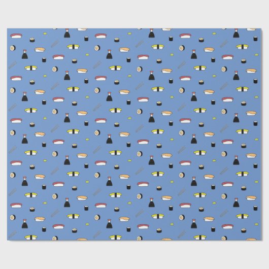 Cute Sushi Roll Set Pattern Nigiri Maki | Blauw Cadeaupapier (Vlak)
