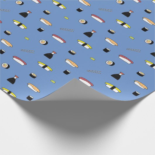 Cute Sushi Roll Set Pattern Nigiri Maki | Blauw Cadeaupapier (Hoek)