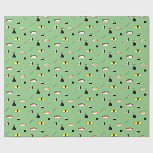 Cute Sushi Roll Set Pattern Nigiri Maki | Groen Cadeaupapier (Vlak)