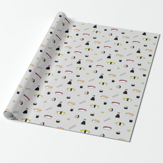 Cute Sushi Roll Set Pattern Nigiri Maki Light Grey Cadeaupapier (Uitgerold)