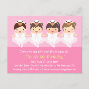 Cute Swan Ballerina Birthday Party Kaart