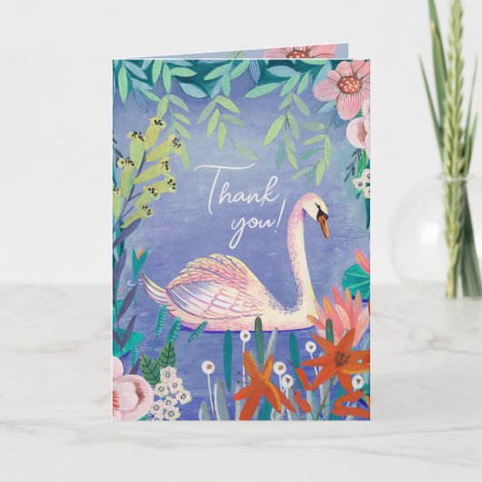 Cute Swan Bird Elegant Blue & Pink Baby shower Bedankkaart (Voorkant)