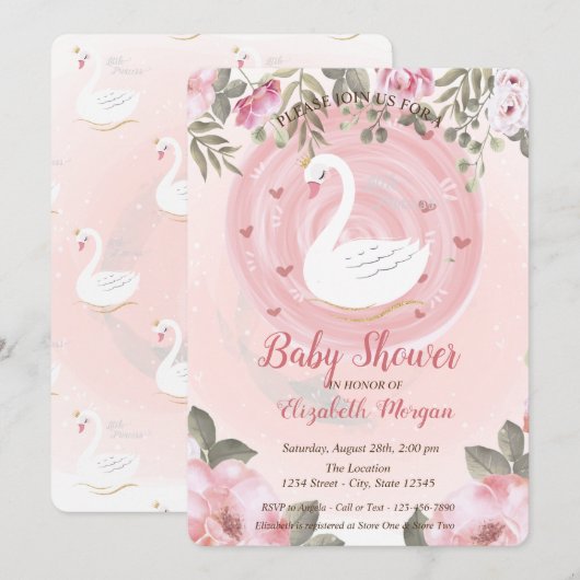Cute Swan, Floral Baby shower Invitation Kaart (Voorkant / Achterkant)