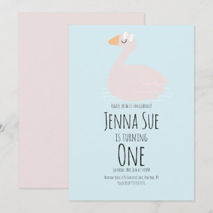 Cute Swan Girls Pink Birthday Party Invitation Kaart