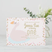 Cute Swan Pink Bow Confetti Girls Birthday Party Kaart (Staand voorkant)